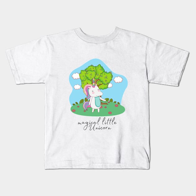 Cute Little Unicorn In Field Kids T-Shirt by Vegan Squad